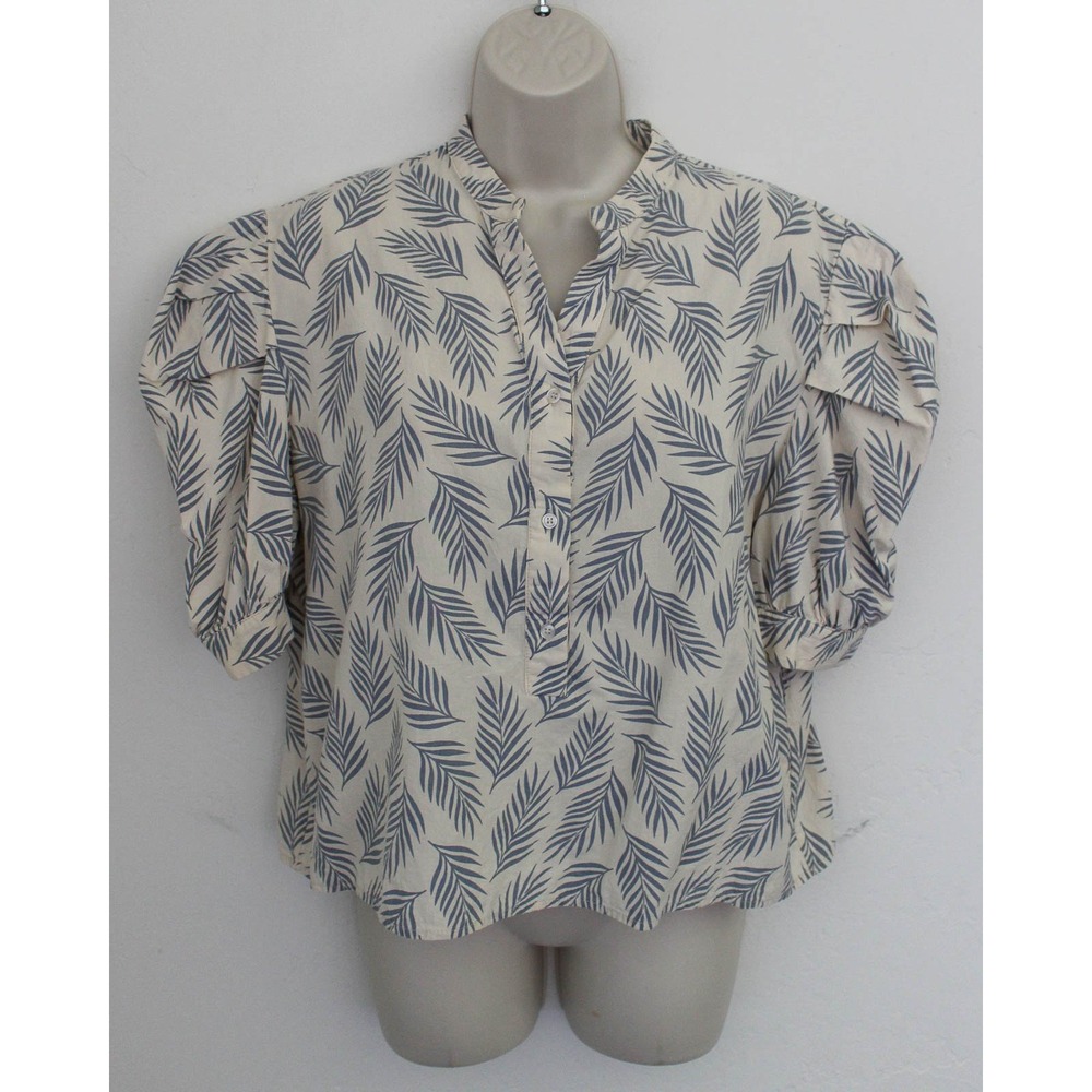 The Shirt Rochelle Behrens Top Blouse‎ Large Ivory Palm Leaf Puff Sleeve Henley